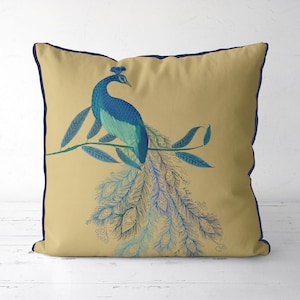 Peacock Pillow cover - Doodle Tail Peacock - Peacock cushion cover, Gold Designer cushion, Gold blue green, scatter cushions, modern pillow