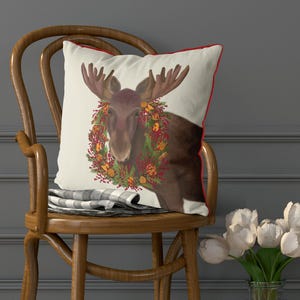 Christmas pillow cover, Moose orange & cranberry wreath cushion, Festive decor for home, Woodland animal Xmas cushion print on both sides image 4