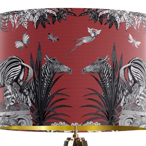 Red shops Lampshade Zebra design - Livoris Feritas - Unique designer fabric lamp shade drum lampshade gold lined tropical decor red and black gray
