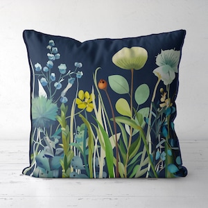 Dark Navy Blue and Green Floral Pillow Cover, modern botanical print with grasses  flowers, scandi style cushion cover, royal blue Storsjon2