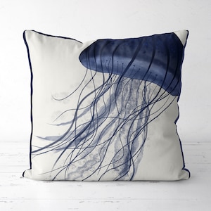 Navy Blue White Coastal Throw Pillow Cover, Blue Jellyfish cushion, beach house decor, coastal decor, seaside cottage, beach coastal pillow