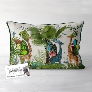 Tropical Giraffe LUMBAR pillow cover, Maximalist colourful giraffe with wings cushion cover, Indoor or Outdoor option, 24x16 or 20x12 inch