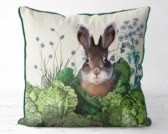 Spring Bunny Pillow Cover, Adorable Rabbit with Cabbage Patch Flowers, Easter Nursery Pillow, Country Cottage Cushion Cover