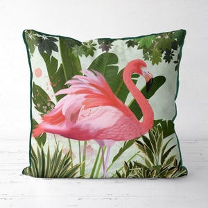 Tropical flamingo pillow cover with green ferns and palms, bold botanical cushion cover