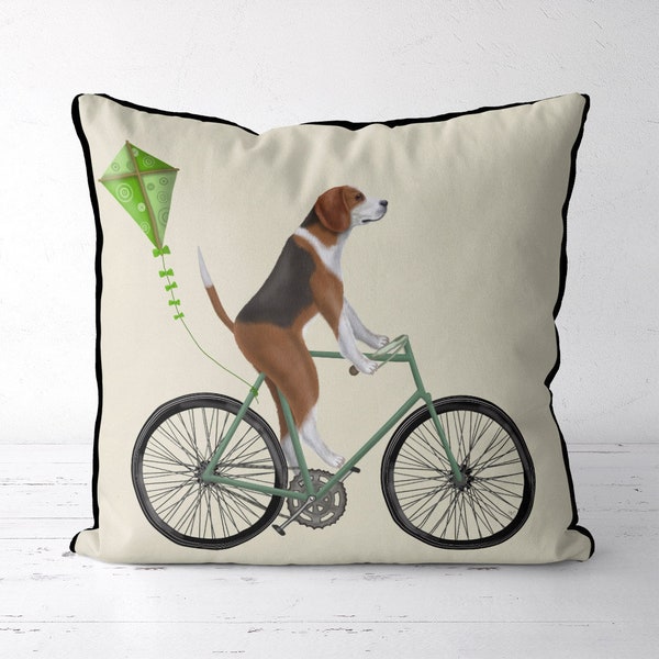 Beagle Cushion Cover, Beagle on Bicycle, Beagle gift, idea, Dog on Bike pillow cover, dog lover gift, dog gift cycling gift, couch pillow