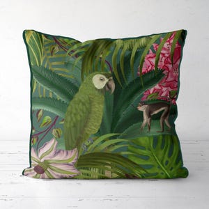 Indoor / Outdoor Tropical Bird Pillow Cover, Green Parrot and monkey Throw Cushion Cover, Colorful Exotic Bird Design, Jungle home decor