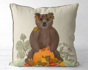 Autumn Bear Throw Pillow Cover - fall decor - woodland animal pillow cover - woodland nursery decor childrens cushion kids room cabin decor