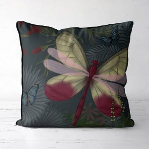 Butterfly pillow cover - Butterfly Garden Moonlight 1 - botanical pillow, butterfly cushion cover, dark pink blue grey