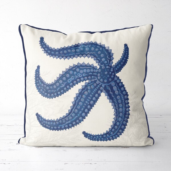 Nautical Decor Blue Starfish & seaweed on Cream nautical Pillow Cover nautical gift sea life decor ocean decor seaside decor starfish pillow