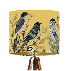 Fancy Flock Bird Lampshade, Yellow Large lamp shade with gold lining, botanical lampshade for table lamp or pendant Summer spring decor image 2