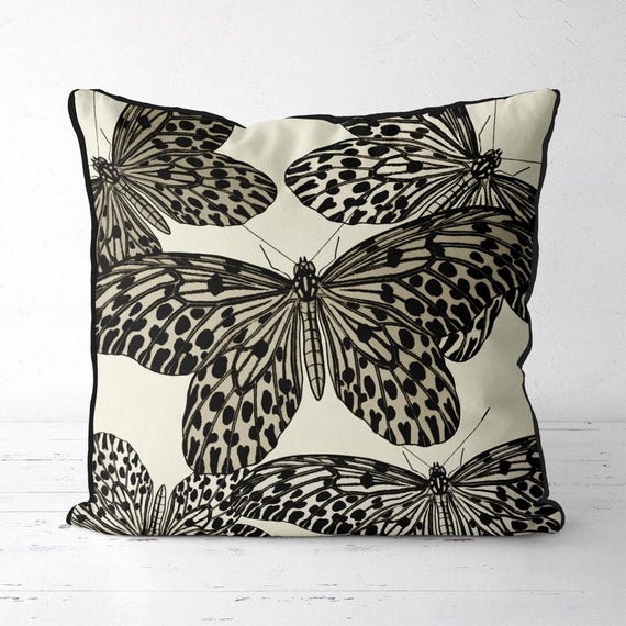 Black Butterfly Pillow Cover, Handmade Designer Cushion Cover for Forestcore decor, Neutral Black and White Decor for Living Room or Bedroom
