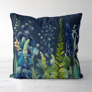 Dark Navy Blue and Green Floral Pillow Cover, modern botanical print with grasses  flowers, scandi style cushion cover, royal blue Storsjon1