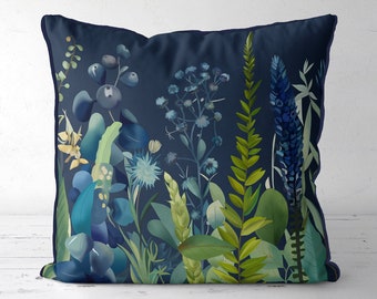 Dark Navy Blue and Green Floral Pillow Cover, modern botanical print with grasses  flowers, scandi style cushion cover, royal blue Storsjon1