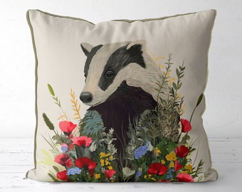 Badger Pillow Cover, Woodland Cushion Cover with badger illustration, throw pillow for country home style, colourful floral accent pillow