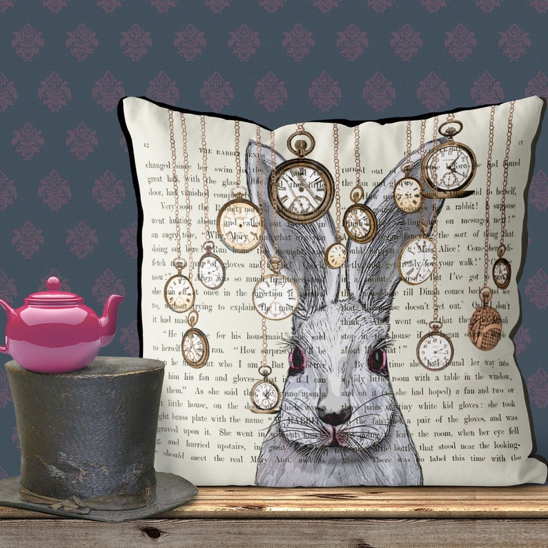 Alice in wonderland pillow cover white rabbit pillow white rabbit cushion alice in wonderland decor White rabbit print decorations image 5