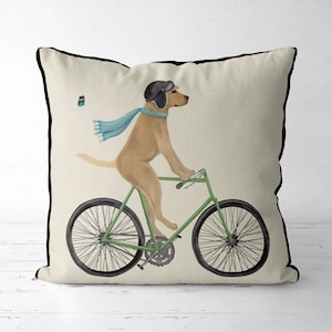 Cute Yellow Lab gift idea, Yellow Labrador on Bicycle, Yellow Labrador Pillow Cover, Yellow Lab on Bike, Labrador gift idea for lab owner image 1