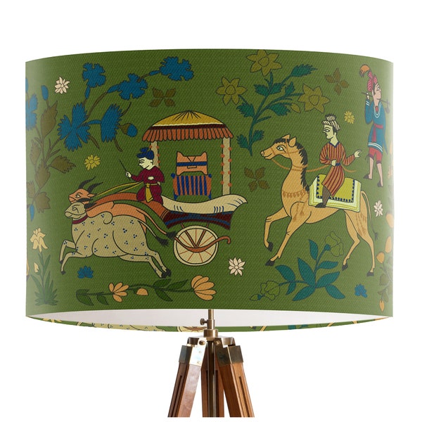 Procession on Green Lamp Shade - eastern style colorful drum lampshade, designer lampshade, maximalist decor, handmade Cosy Maximalist