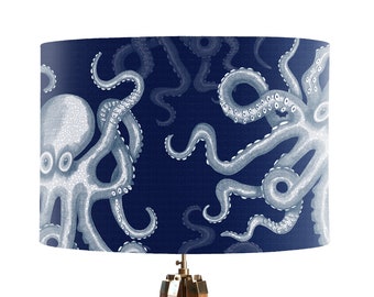 White on Blue Octopus Lampshade, nautical lampshade table or pendant, beach house navy blue and white coastal decor, handmade fabric, random