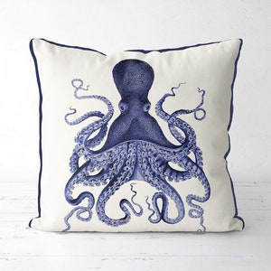 Blue Octopus Pillow Cover - Blue and White Nautical Pillow, Nautical Decor, Octopus Decor Beach House Decor, Coastal Living, Coastal Decor