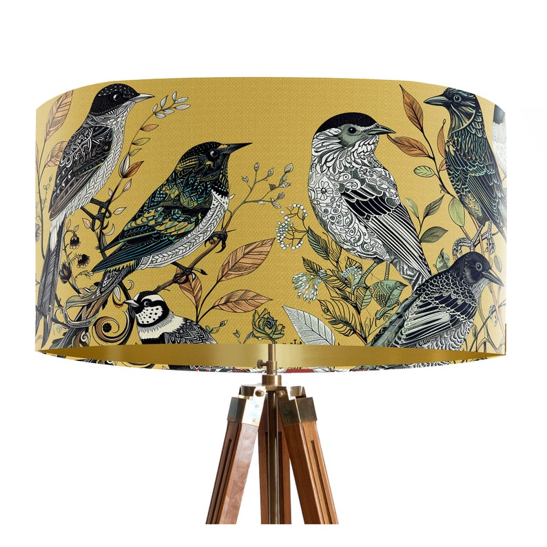 Fancy Flock Bird Lampshade, Yellow Large lamp shade with gold lining, botanical lampshade for table lamp or pendant Summer spring decor image 8
