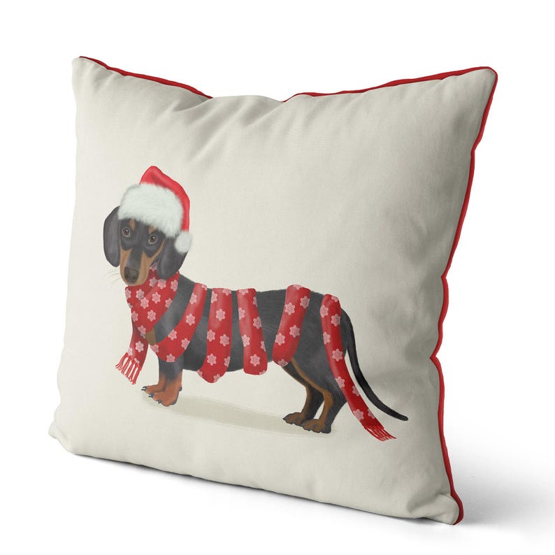 Federa per cuscino natalizia - Sciarpa con bassotto e fiocco di neve - Decorazioni natalizie Federa per cuscino natalizia Decorazioni natalizie con simpatico cane Decorazioni per le feste immagine 2