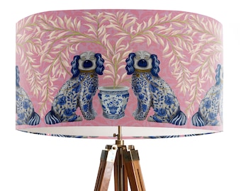 Blush pink lampshade with Staffordshire Dogs in a Chinoiserie style, botanical chinese style lamp shade, cute spaniel dog handmade in the UK