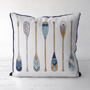 Vintage Style Oars Pillow Cover Blue on white, cabin pillow covers, Canoe Paddle Lake house decor rowing cushion cover, preppy