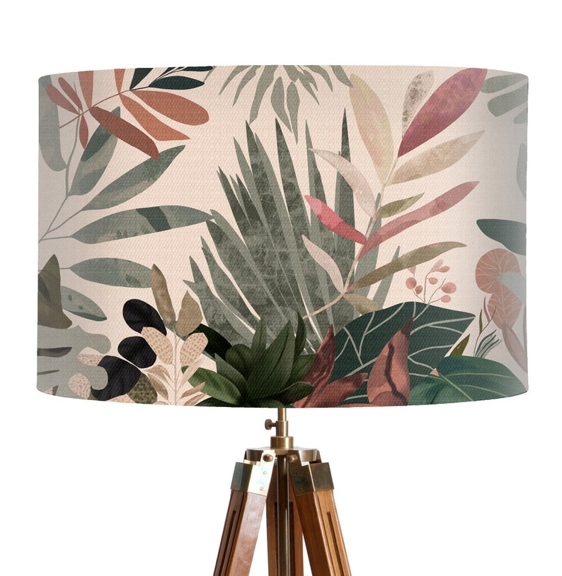 Colourful tropical leaf lampshade, pink and green modern abstract botanical design, handmade in the uk, Designer Home Decor image 1