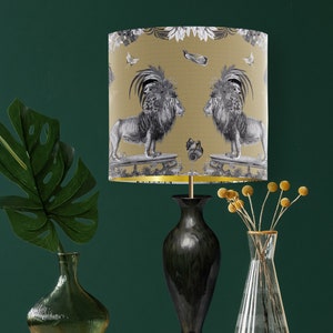 Tropical Lion lampshade in gold, with gold metallic lining, designer fabric handmade in the UK jungle style decor statement lampshade image 3