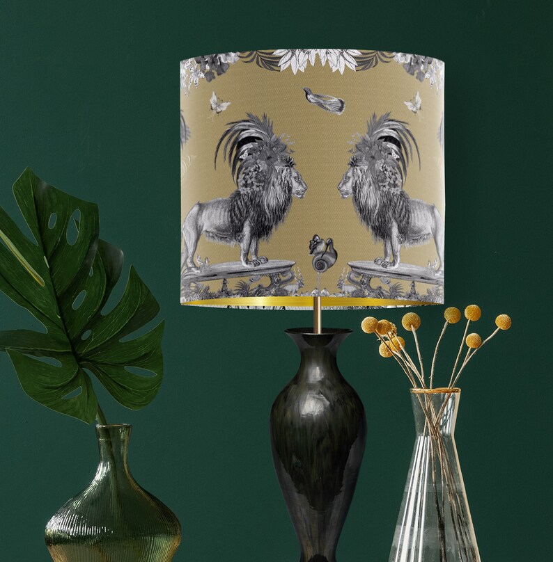 Tropical Lion lampshade in gold, with gold metallic lining, designer fabric handmade in the UK jungle style decor statement lampshade image 3