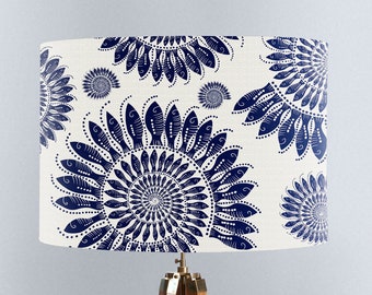 Navy Blue and White Nautical lampshade with Nautilus Shells of little fishes, beach house decor, coastal home, seaside lamp shade