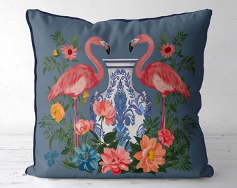 Pink Flamingo on Blue Pillow Cover, Colourful Tropical botanical designer cushion cover, luxury colourful maximalist decor for summer decor