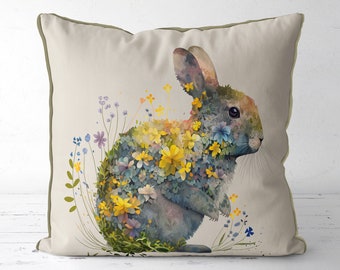 Cute Rabbit Pillow Cover, Woodland Cushion Cover yellow floral bunny illustration, cute nursery throw pillow, country home colourful accent