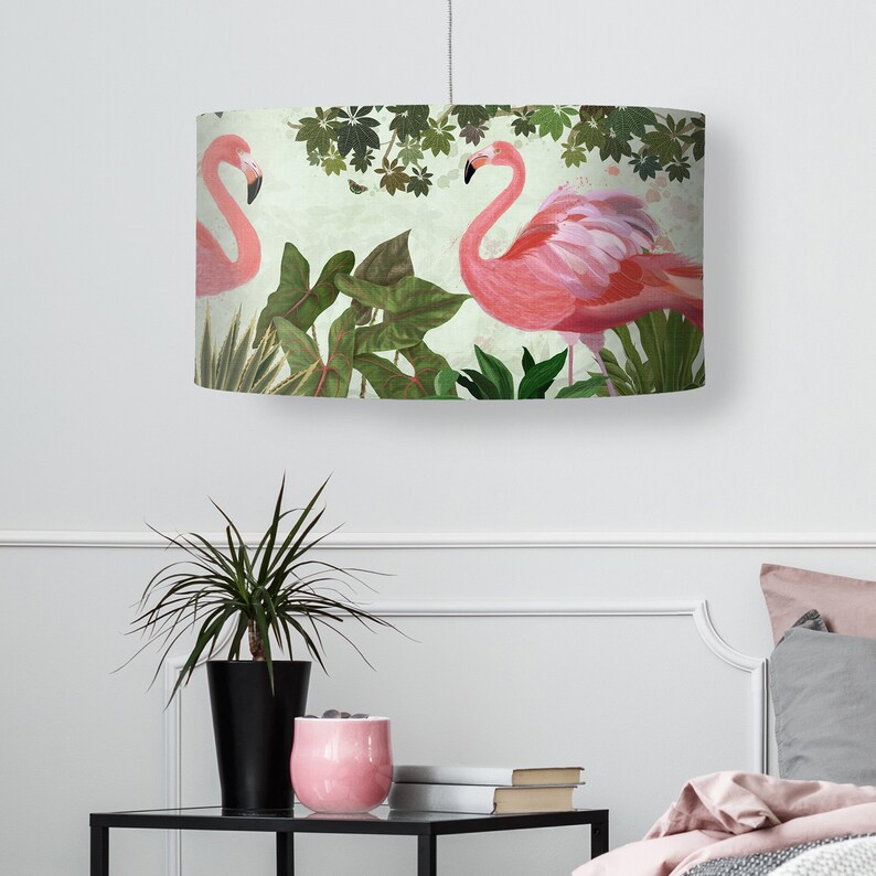 Pink Flamingo Lampshade, tropical lamp shade tropical decor flamingo decor, designer fabric lighting jungle decor room, pink decor handmade image 9