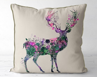 Pink and Purple Deer Pillow Cover, Woodland Cushion Cover stag illustration, throw pillow for country home style, colourful floral accent