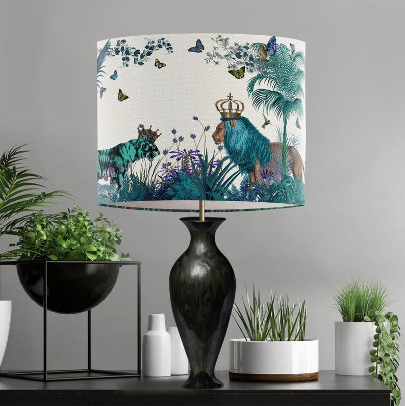 Lamp shade Tropical Lions Blue drum lampshade Lion decor jungle tropical decor nursery lampshade blue lampshade blue room decor lighting image 1