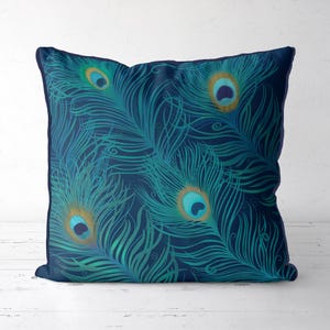 Peacock Feather Pillow Cover, Navy Blue and Teal Cushion with Feather Design, Tropical Bird Accent