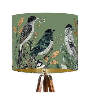 Fancy Flock Bird Lampshade, Green Large lamp shade with gold lining, botanical lampshade for table lamp or pendant Designer lamp shade image 2