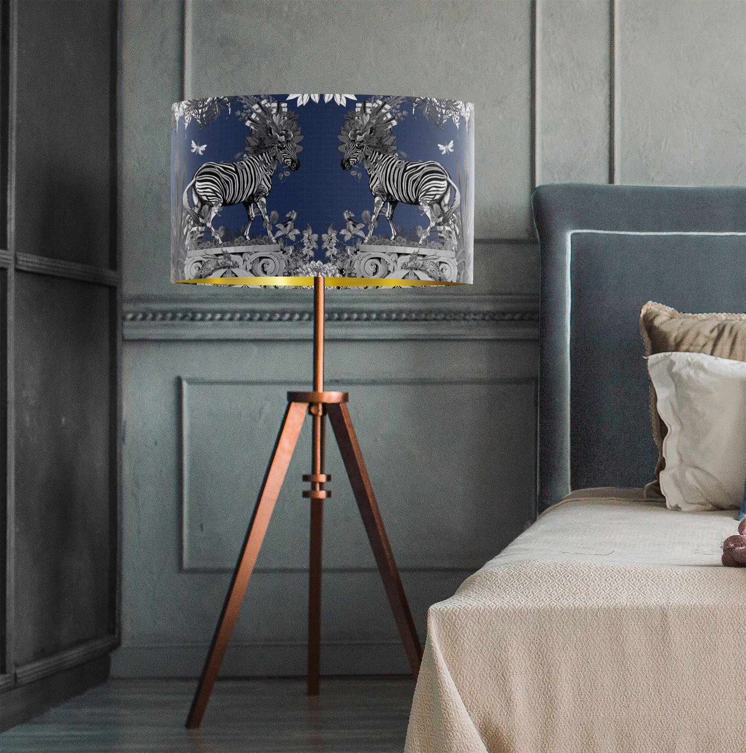 Blue Lampshade Zebra Fabric Lamp Shade Drum Gold Blue Lampshade Zebra Fabric Lamp Shade, Large Navy Blue Drum Lamp Shade