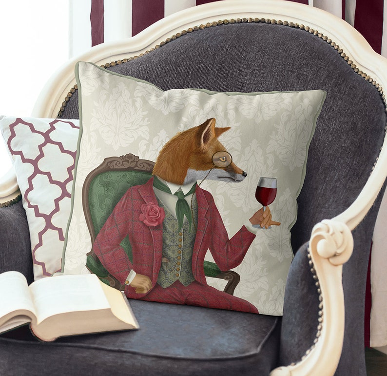 Fox Pillows Fox Decor Throw Pillow Cover Fox Wine Taster Etsy