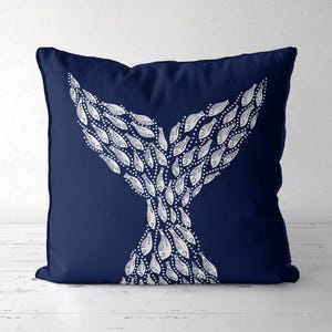 Whale Tail white on navy blue - Nautical pillow cover Modern coastal pillow cover navy Coastal throw pillow, Coastal style handmade designer image 2