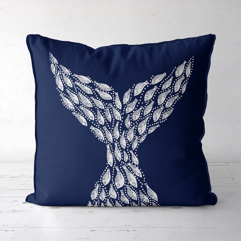 Whale Tail white on navy blue - Nautical pillow cover Modern coastal pillow cover navy Coastal throw pillow, Coastal style handmade designer image 2