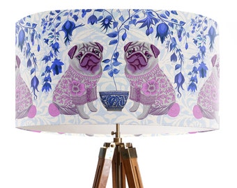 Pantalla de lámpara estilo carlino chinoiserie: decoración asiática en rosa y azul, hecha a mano en el Reino Unido