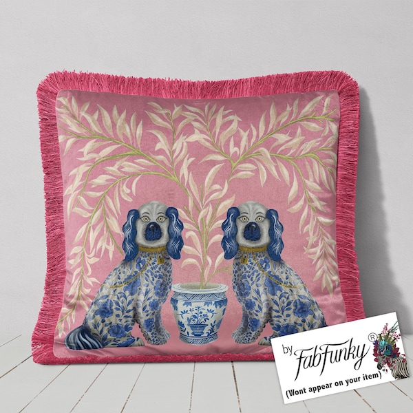 Pink Velvet Staffordshire Dogs Pillow Cover: Chinoiserie Fringed Cushion