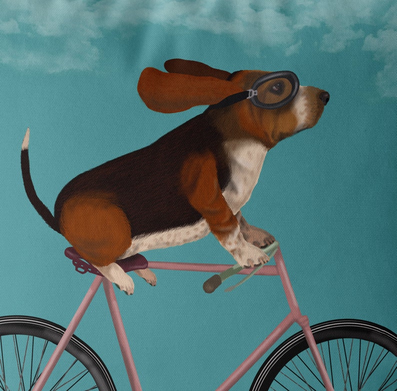 Basset Hound Pillow Cover, Basset Hound on Bicycle, Dog on Bike Cushion Cover, Cute Basset Hound Gift idea for owner, Funny Basset Hound pic image 6