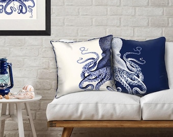 Set of 2 Octopus Pillow Covers, Navy Blue White Pillow Nautical Pillow, Beach House Coastal Living Decor, Under the Sea Themed Throw Pillows