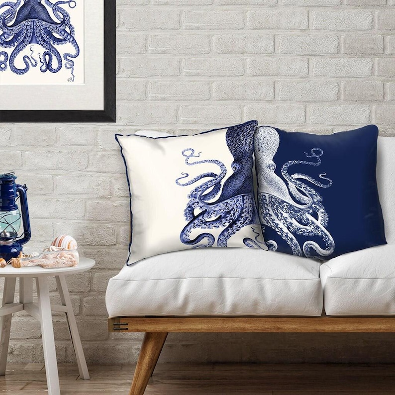 Set of 2 Octopus Pillow Covers, Navy Blue White Pillow Nautical Pillow, Beach House Coastal Living Decor, Under the Sea Themed Throw Pillows image 1