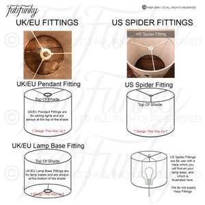 May include: Diagram showing different lamp fitting types for UK/EU and US. The image shows a UK/EU pendant fitting, a UK/EU lamp base fitting, and a US spider fitting. The text in the image reads "UK/EU Fittings", "US Spider Fittings", "Top of Shade", "Design This Way Up", "UK/EU Pendant Fittings are for ceiling lights and are always at the top of the shade", "UK/EU Lamp Base Fittings are for lamp bases and are always at the bottom of the shade", "US Spider Fittings are for use with a Harp which you will find on your lamp base, and which is illustrated here. We do not supply Harp Fittings."
