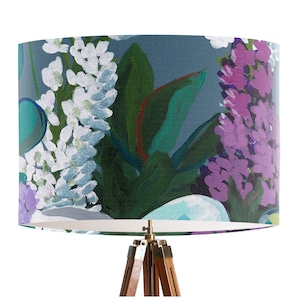 Blue Green Purple & White Floral Lamp shade - Colourful Botanical Drum lampshade, abstract flowers and eucalyptus, summer decor, artist made