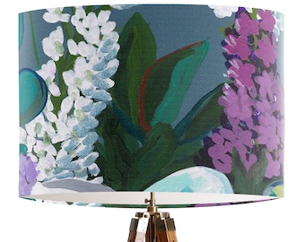 Blue Green Purple & White Floral Lamp shade - Colourful Botanical Drum lampshade, abstract flowers and eucalyptus, summer decor, artist made